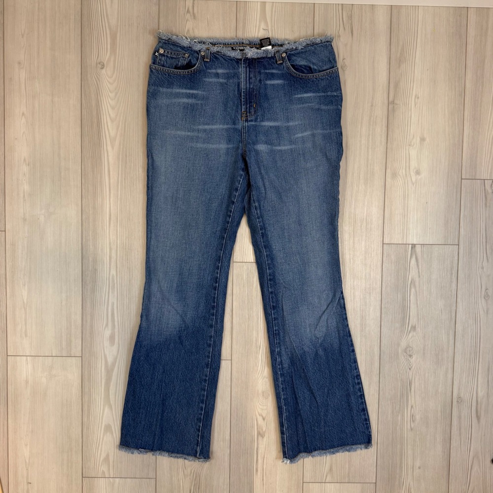 Express Jeans Y2K Flare Denim Medium Wash Frayed Waistband Hems 11/12 R Vintage